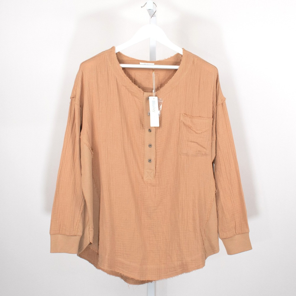 Blu Ivy Women Peach Gauze Henley Pocket Tunic Top Shirt S M‎